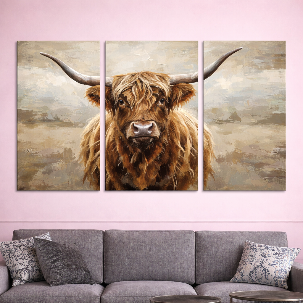 Highland Cow Canvas – Neutral Rustic Wall Art