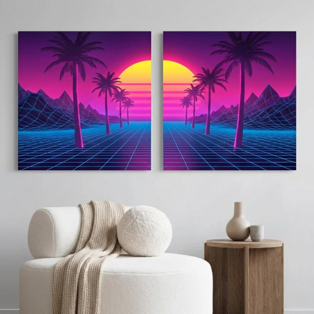 80s Retro-Futuristic Vaporwave Sunset - Synthwave Aesthetic Room Decor