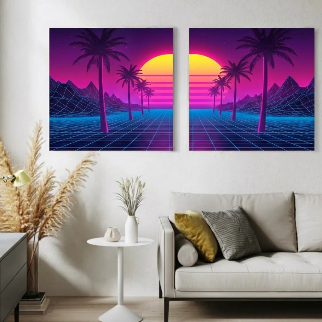 80s Retro-Futuristic Vaporwave Sunset - Synthwave Aesthetic Room Decor