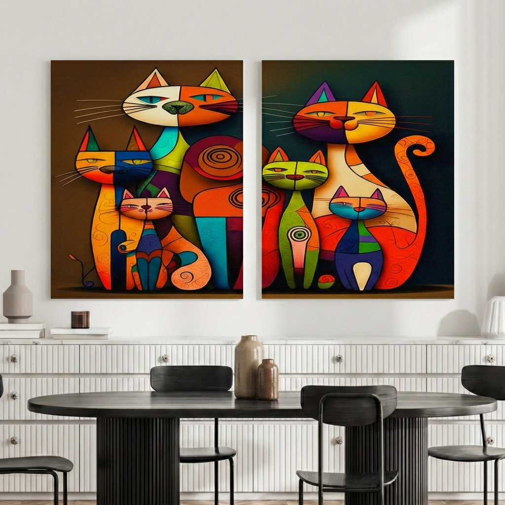 Abstract Cat Wall Art Canvas – Colourful Modern Cat Painting, Contemporary Pop Art Home Decor (Set of 2)