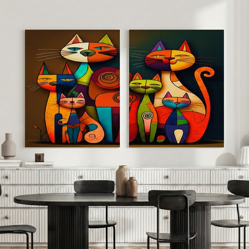 Abstract Cat Wall Art Canvas – Colourful Modern Cat Painting, Contemporary Pop Art Home Decor (Set of 2)