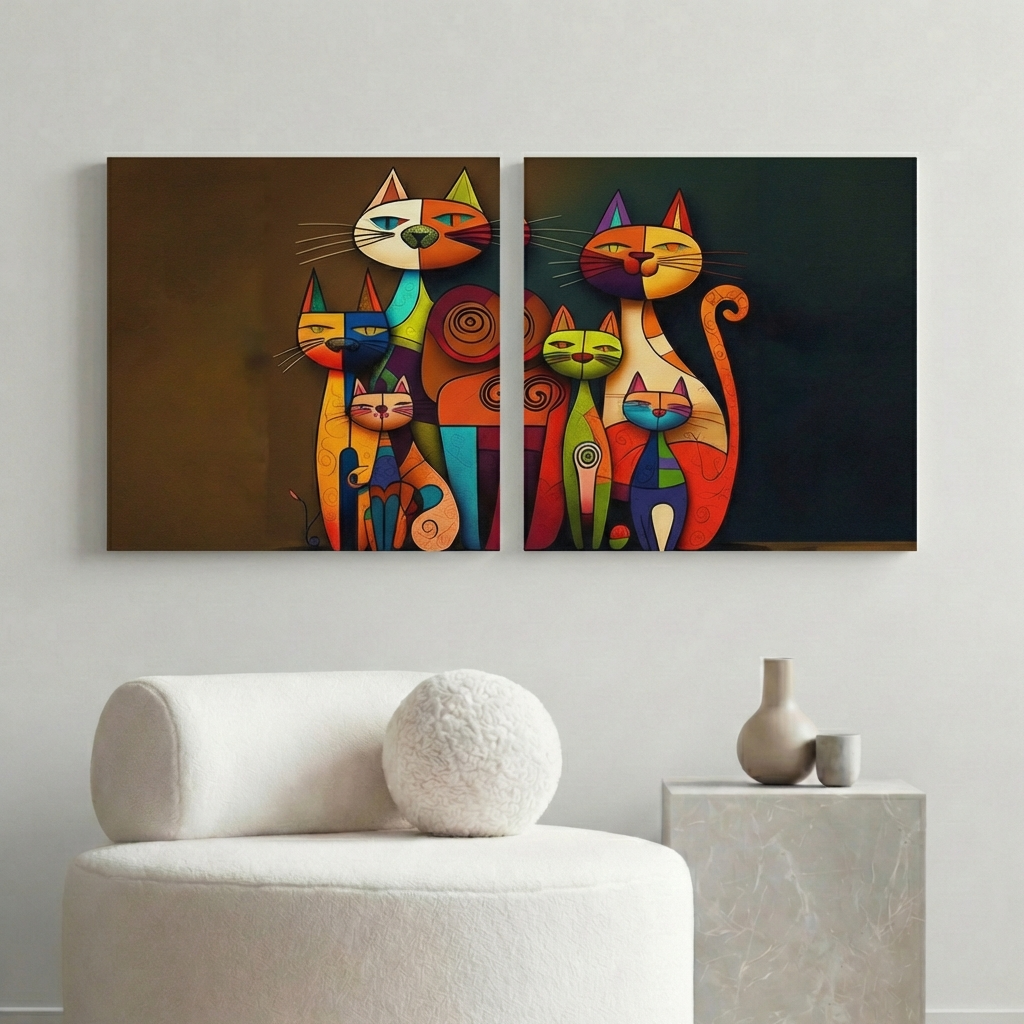 Abstract Cat Wall Art Canvas – Colourful Modern Cat Painting, Contemporary Pop Art Home Decor (Set of 2)