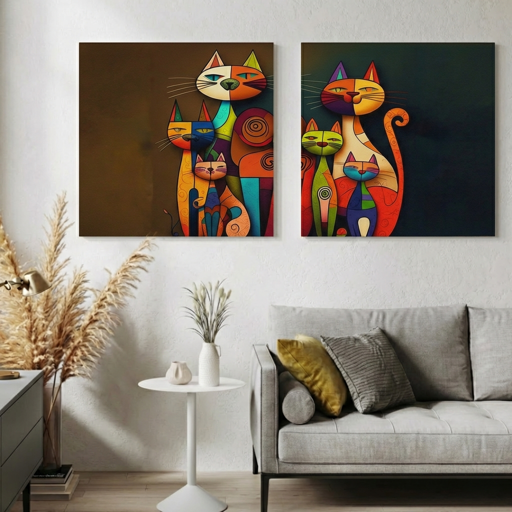 Abstract Cat Wall Art Canvas – Colourful Modern Cat Painting, Contemporary Pop Art Home Decor (Set of 2)