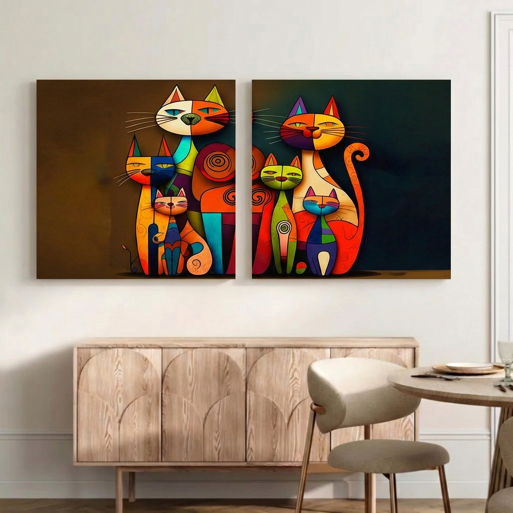 Abstract Cat Wall Art Canvas – Colourful Modern Cat Painting, Contemporary Pop Art Home Decor (Set of 2)