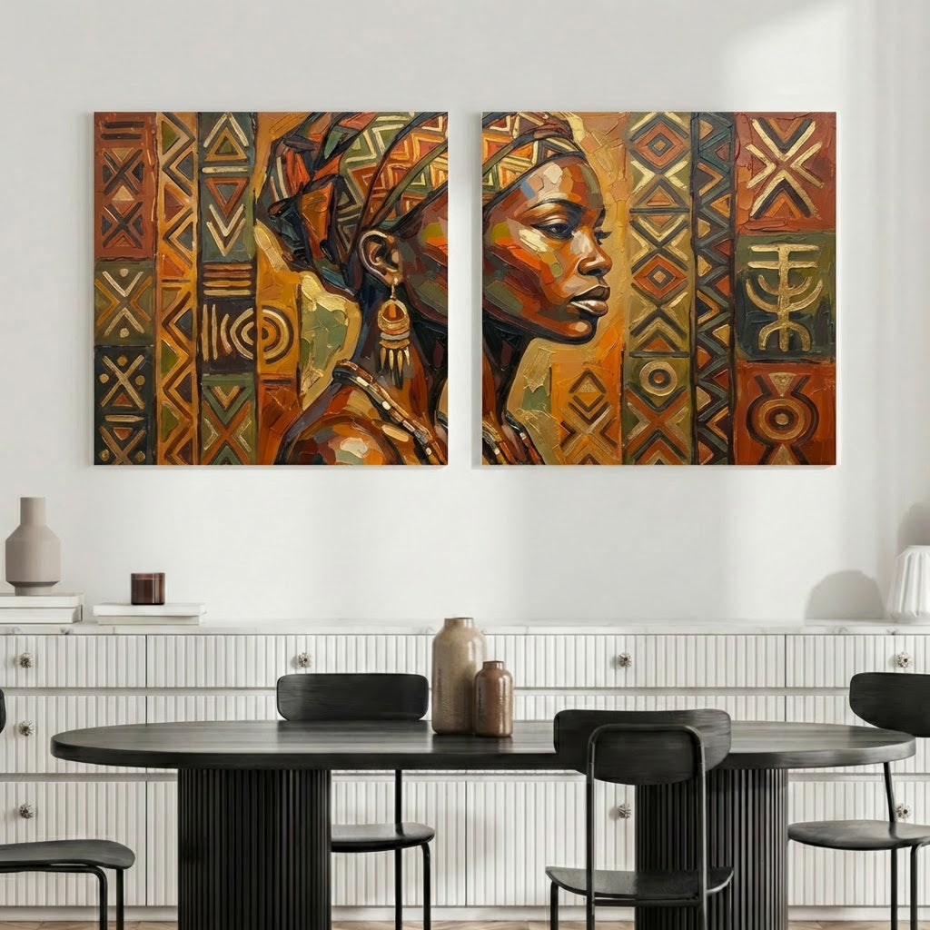 African Canvas Wall Art – Earth Tone Tribal Portrait Set of 2, Modern Ethnic Home Decor