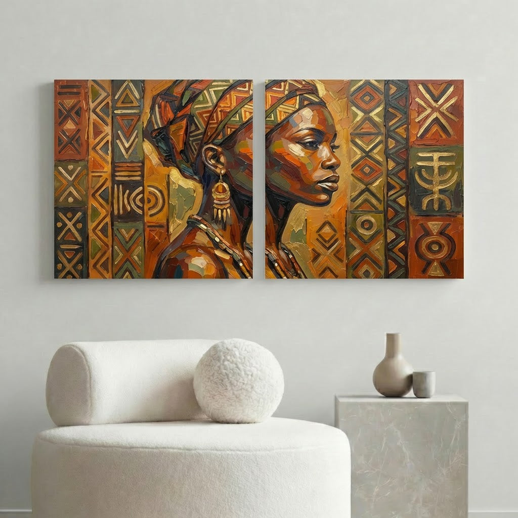 African Canvas Wall Art – Earth Tone Tribal Portrait Set of 2, Modern Ethnic Home Decor
