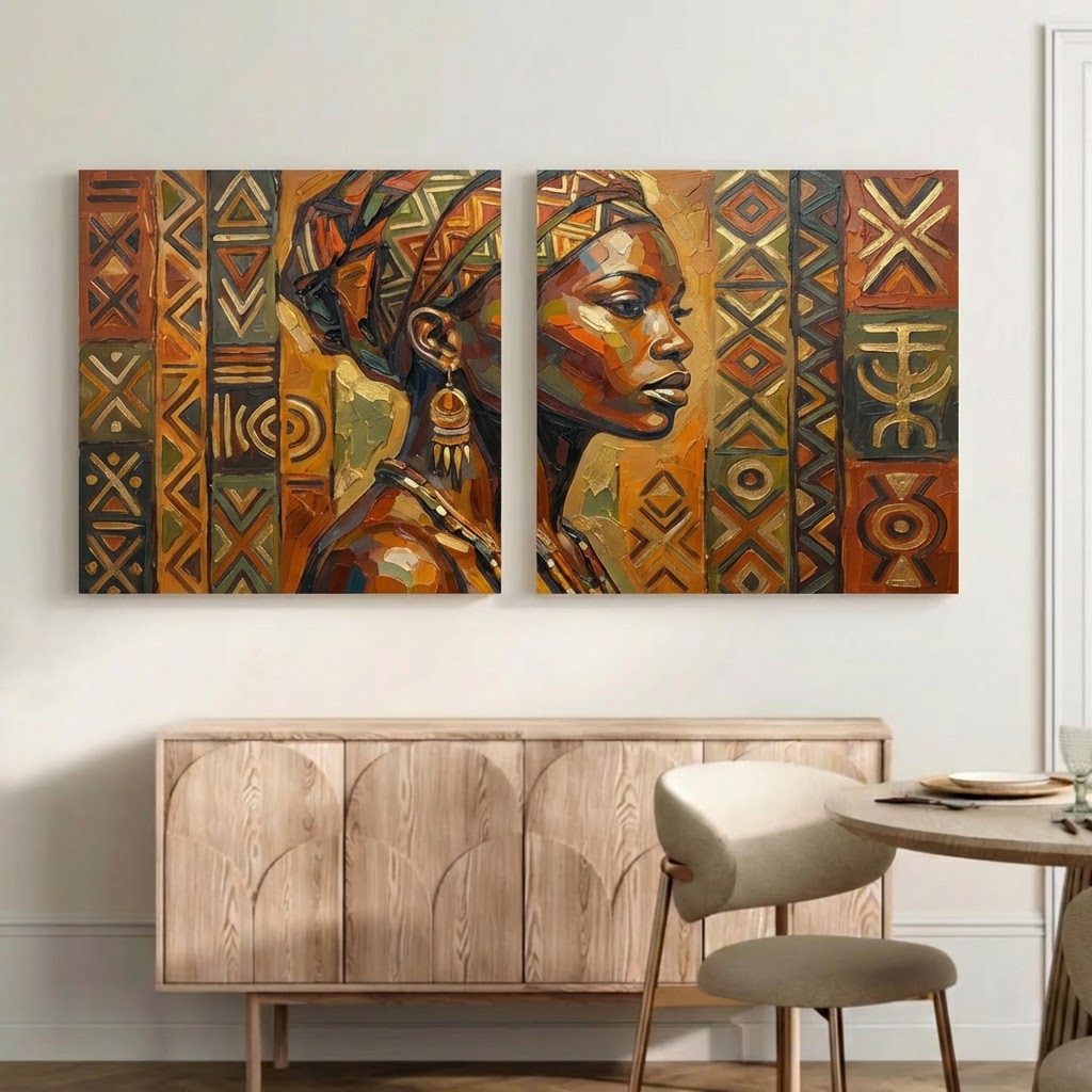 African Canvas Wall Art – Earth Tone Tribal Portrait Set of 2, Modern Ethnic Home Decor