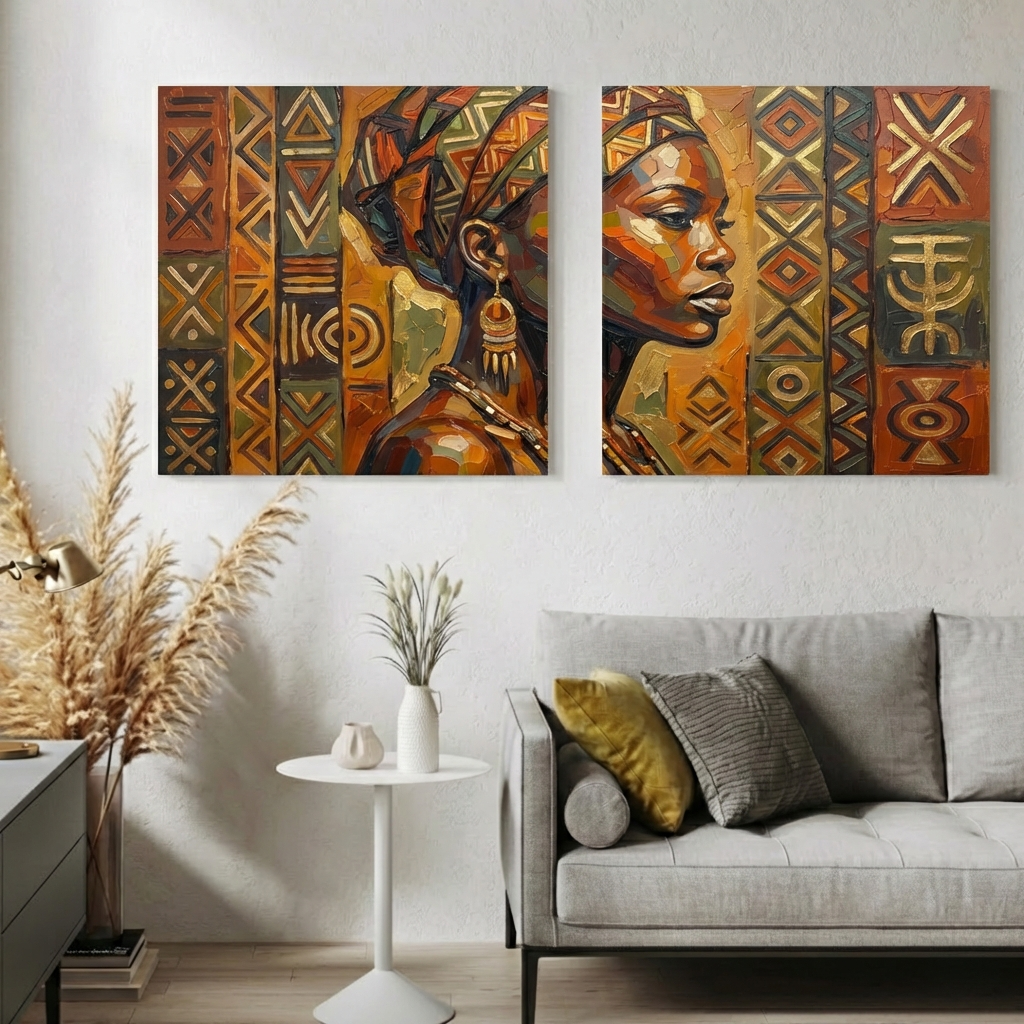 African Canvas Wall Art – Earth Tone Tribal Portrait Set of 2, Modern Ethnic Home Decor
