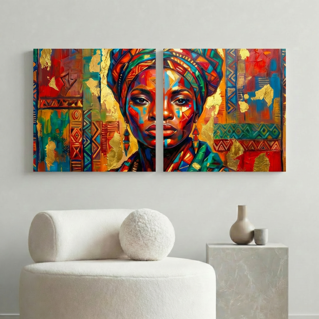 African Portrait Wall Art – Modern Cultural Canvas Set of 2, Colourful Tribal Abstract Home Decor