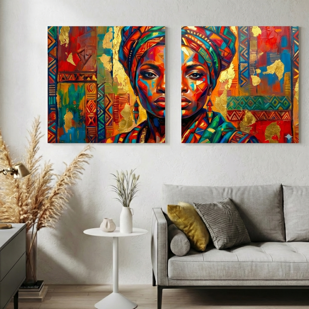African Portrait Wall Art – Modern Cultural Canvas Set of 2, Colourful Tribal Abstract Home Decor