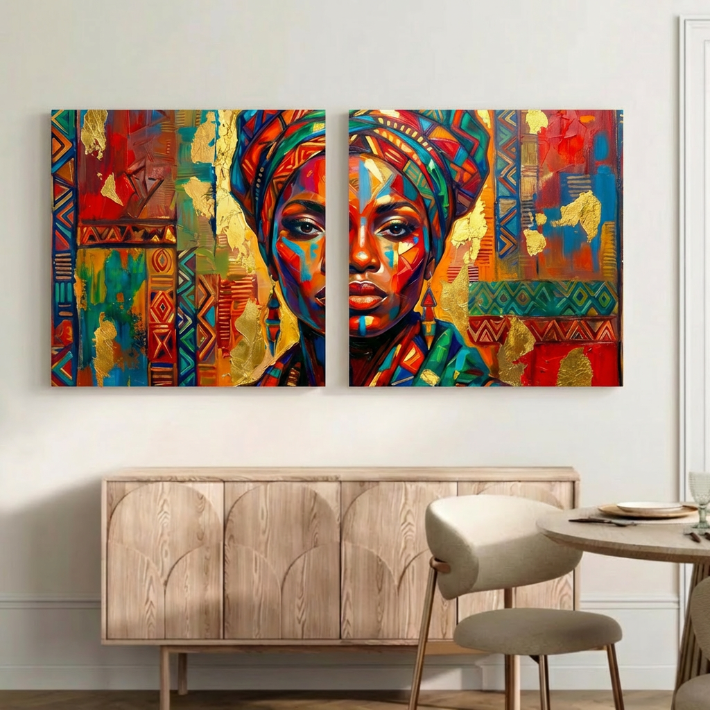 African Portrait Wall Art – Modern Cultural Canvas Set of 2, Colourful Tribal Abstract Home Decor
