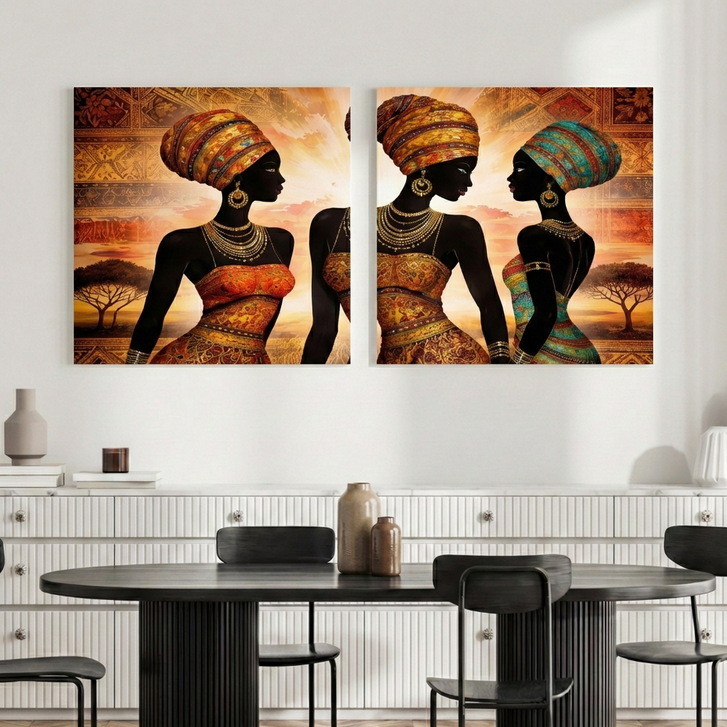 African Tribal Wall Art Canvas – Bold Cultural Portrait Set of 2, Ethnic Sunset Home Decor