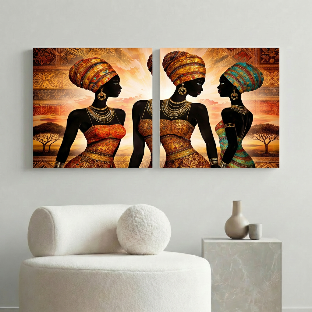 African Tribal Wall Art Canvas – Bold Cultural Portrait Set of 2, Ethnic Sunset Home Decor