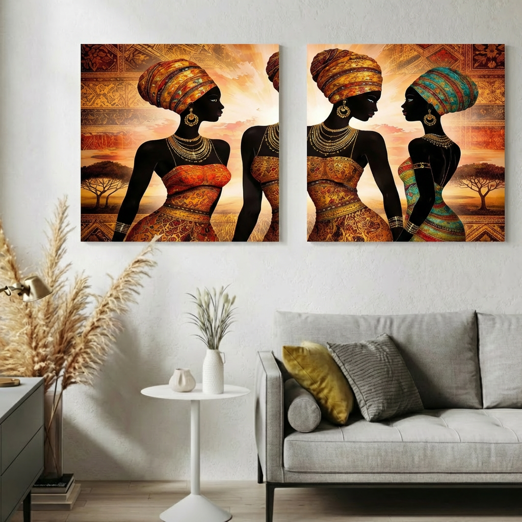 African Tribal Wall Art Canvas – Bold Cultural Portrait Set of 2, Ethnic Sunset Home Decor