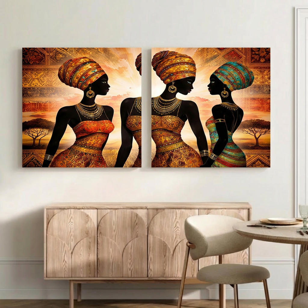 African Tribal Wall Art Canvas – Bold Cultural Portrait Set of 2, Ethnic Sunset Home Decor