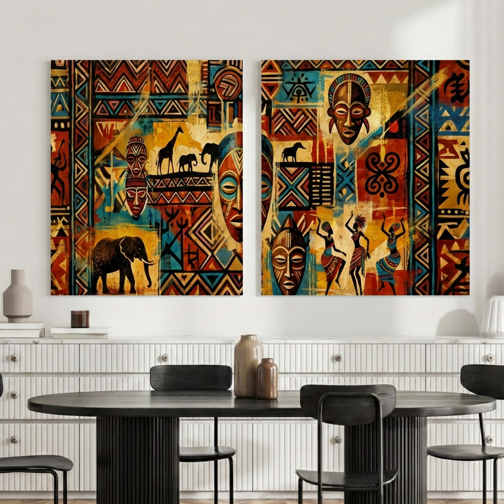 African Wall Art Canvas – Tribal Mask & Safari Cultural Print Set of 2, Modern Ethnic Home Decor