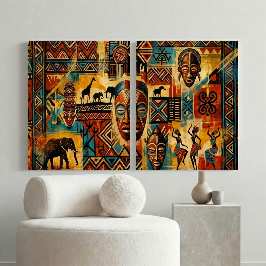 African Wall Art Canvas – Tribal Mask & Safari Cultural Print Set of 2, Modern Ethnic Home Decor