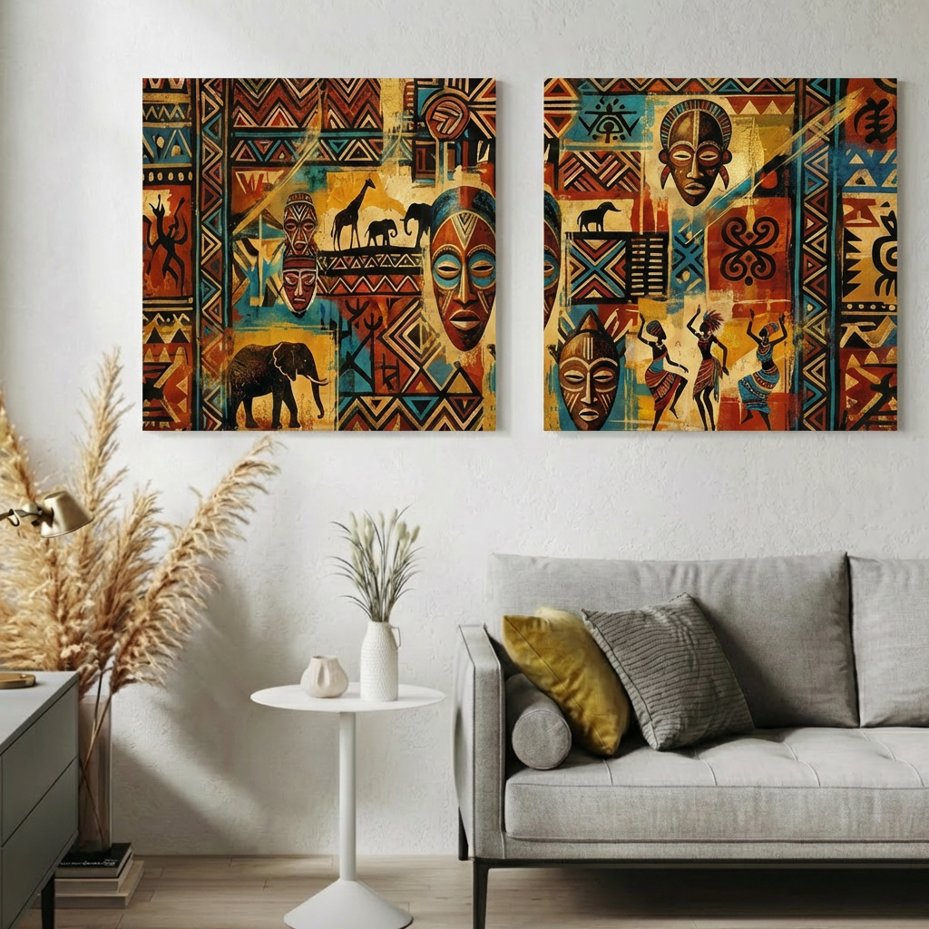 African Wall Art Canvas – Tribal Mask & Safari Cultural Print Set of 2, Modern Ethnic Home Decor