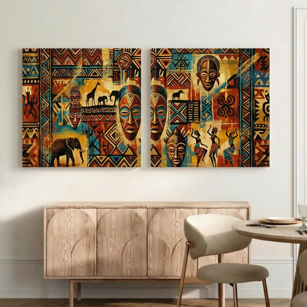 African Wall Art Canvas – Tribal Mask & Safari Cultural Print Set of 2, Modern Ethnic Home Decor