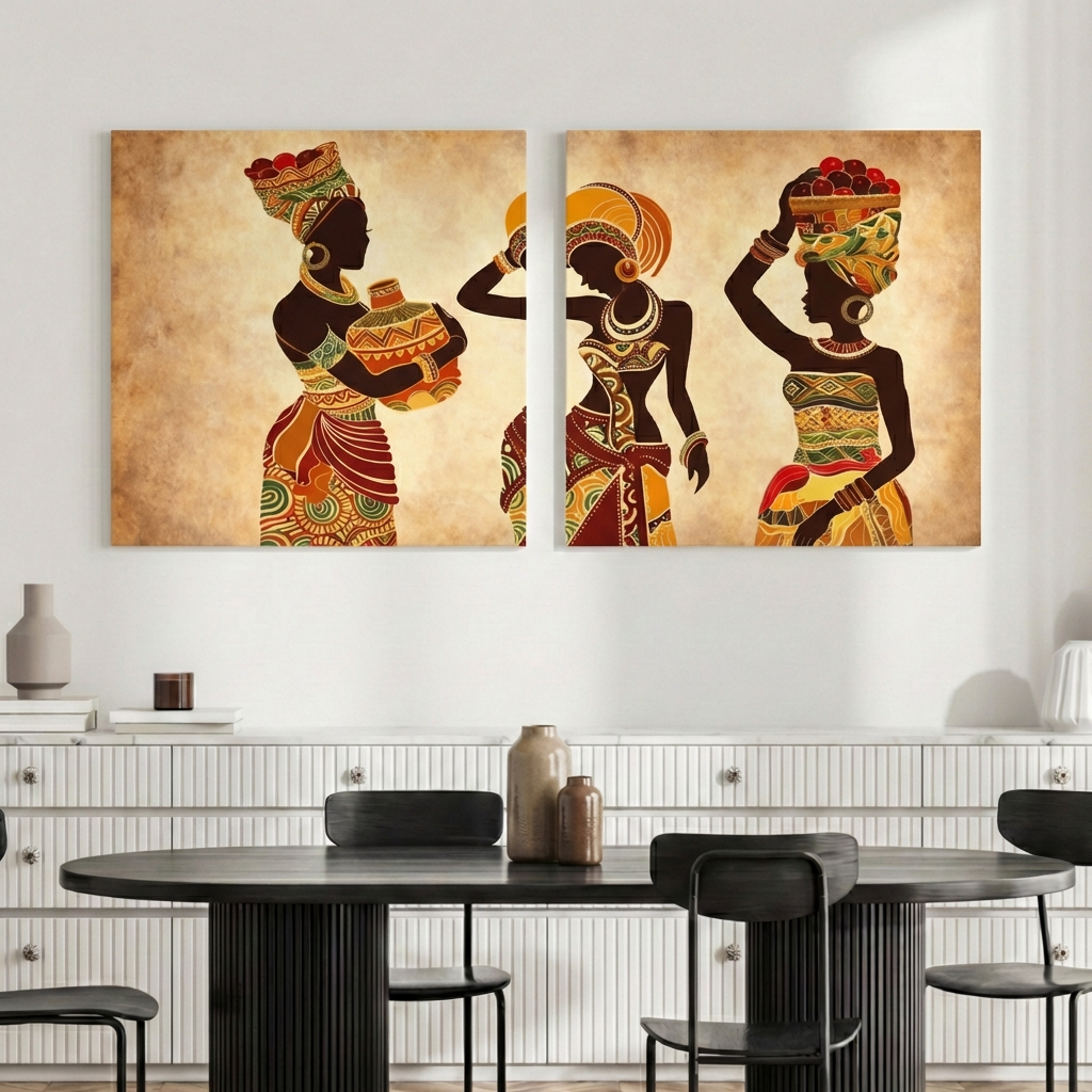 African Women Tribal Wall Art Canvas – 3 Panel Cultural Portrait Set, Elegant Ethnic Home Decor