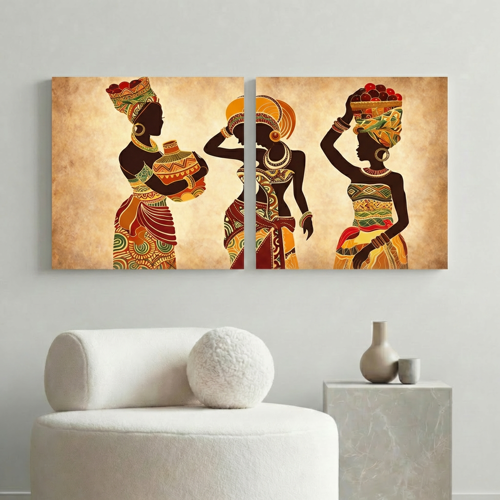 African Women Tribal Wall Art Canvas – 3 Panel Cultural Portrait Set, Elegant Ethnic Home Decor