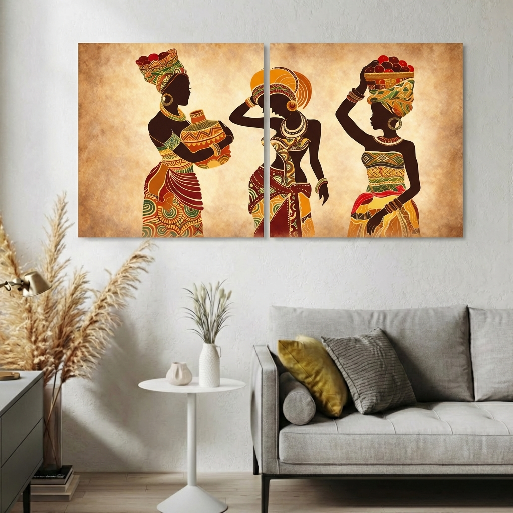 African Women Tribal Wall Art Canvas – 3 Panel Cultural Portrait Set, Elegant Ethnic Home Decor