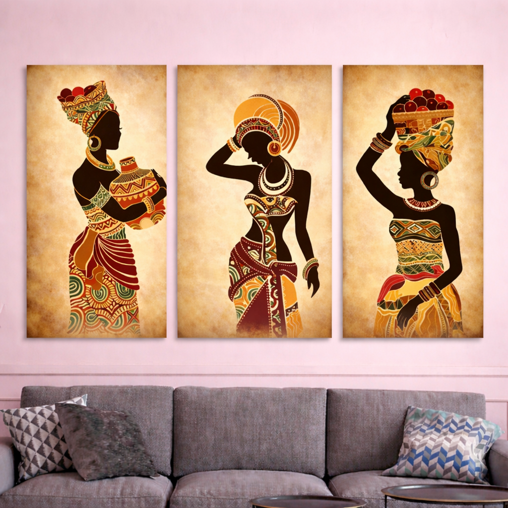 African Women Tribal Wall Art – 3-Panel Elegant Modern Canvas Decor