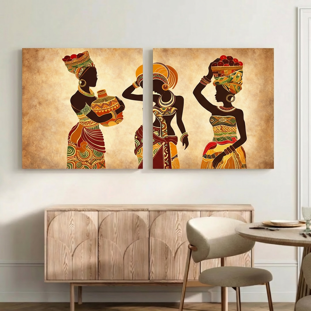 African Women Tribal Wall Art Canvas – 3 Panel Cultural Portrait Set, Elegant Ethnic Home Decor
