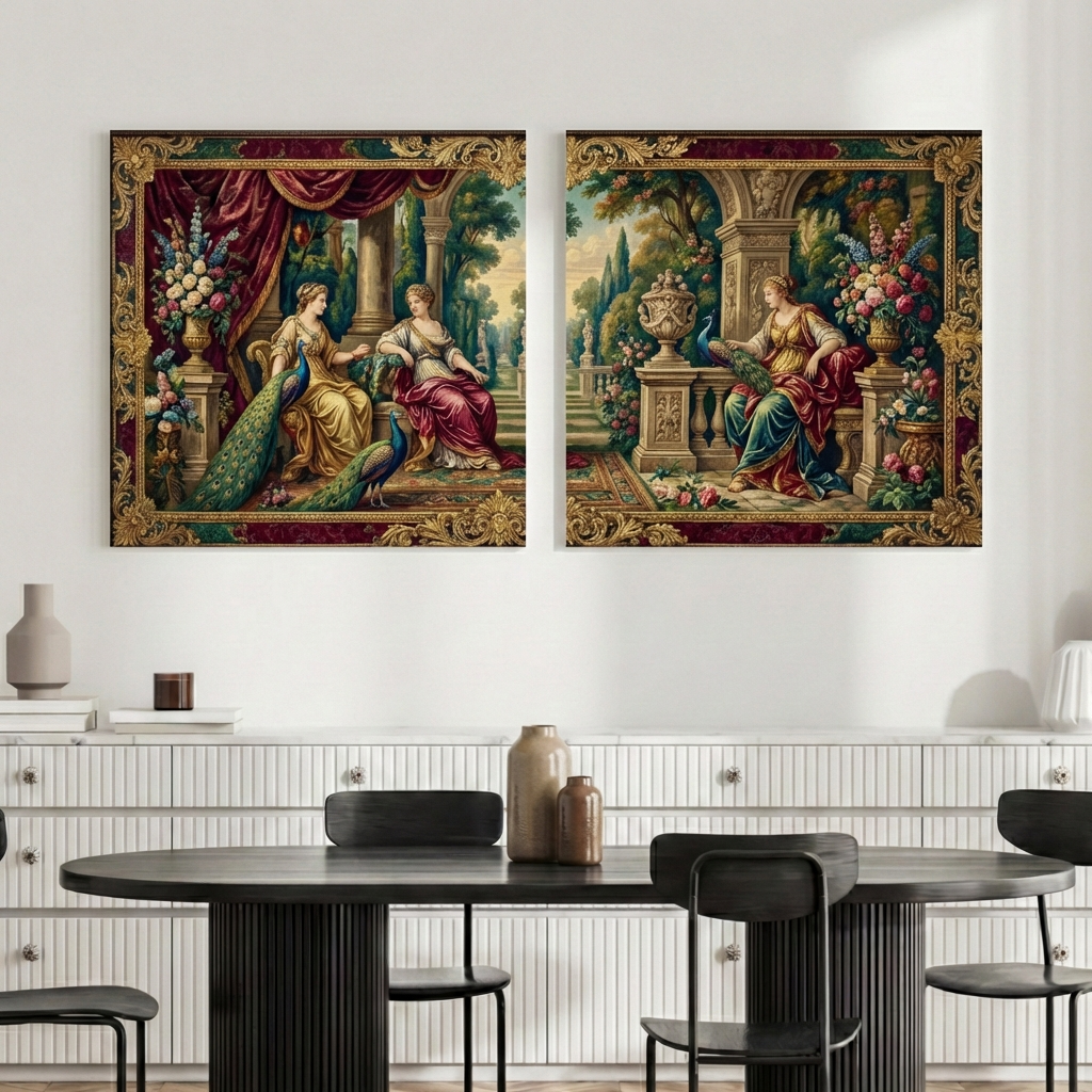 Antique Canvas Wall Art – Classical Renaissance Garden Painting Set of 2, Vintage Luxury Home Decor