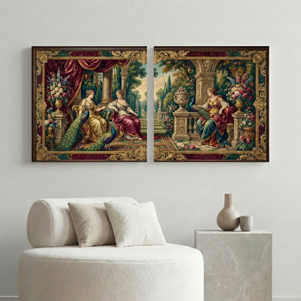 Antique Canvas Wall Art – Classical Renaissance Garden Painting Set of 2, Vintage Luxury Home Decor