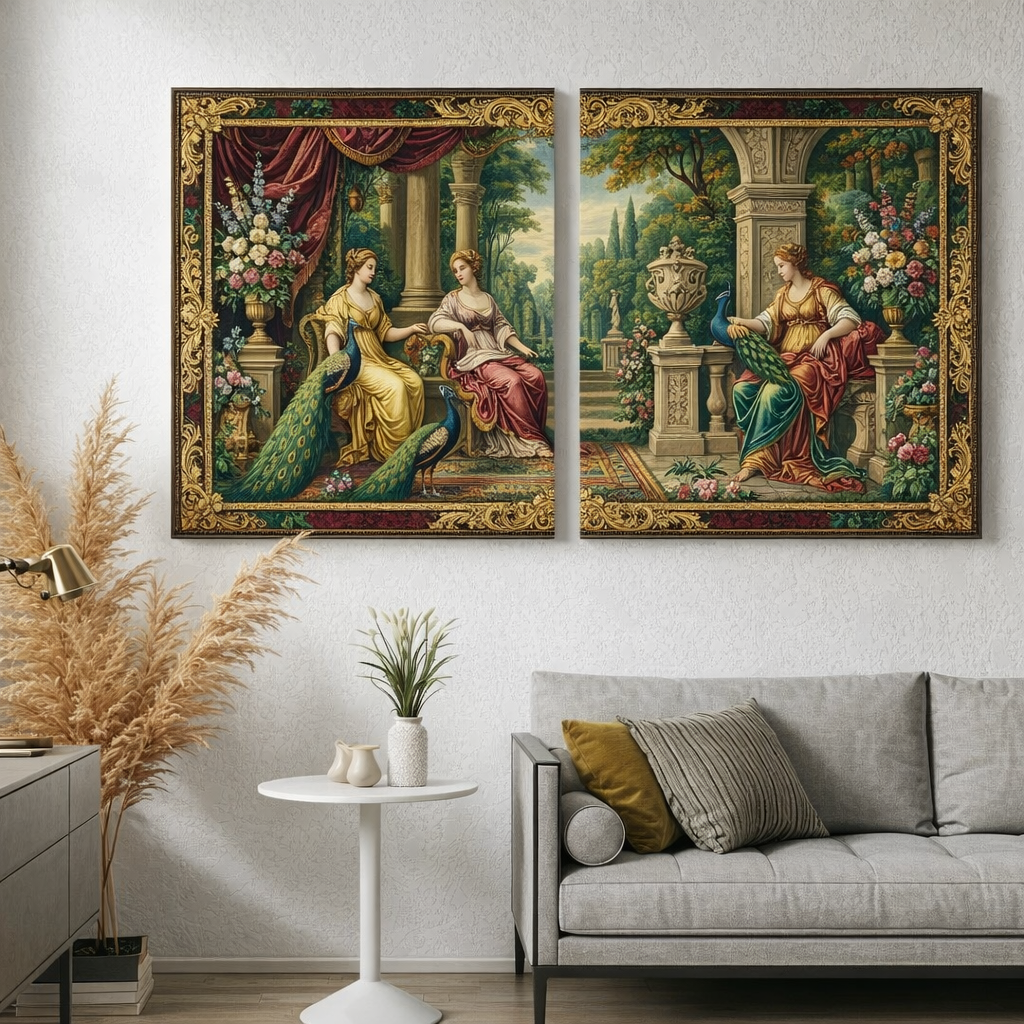 Antique Canvas Wall Art – Classical Renaissance Garden Painting Set of 2, Vintage Luxury Home Decor