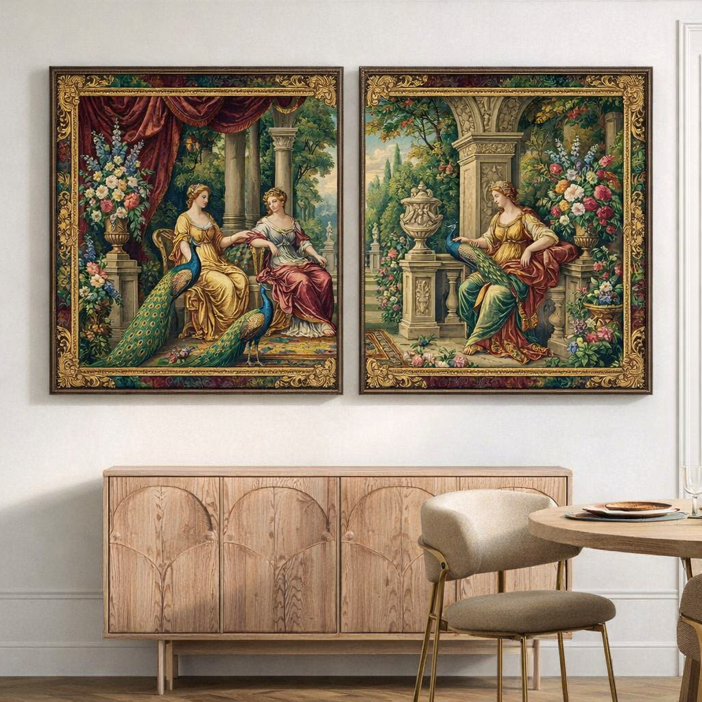 Antique Canvas Wall Art – Classical Renaissance Garden Painting Set of 2, Vintage Luxury Home Decor