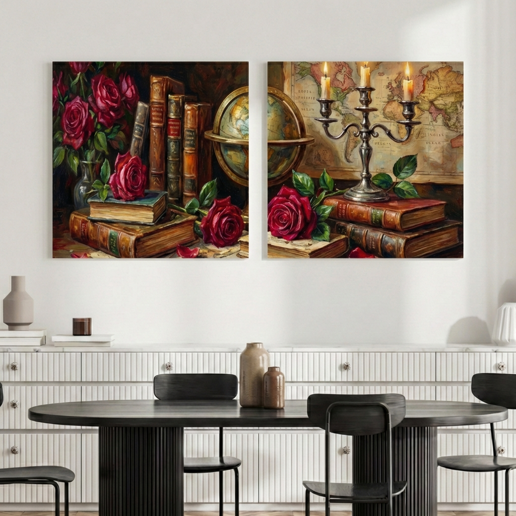 Antique Style Wall Art Canvas – Vintage Books & Roses Still Life Set of 2, Classic Study Decor