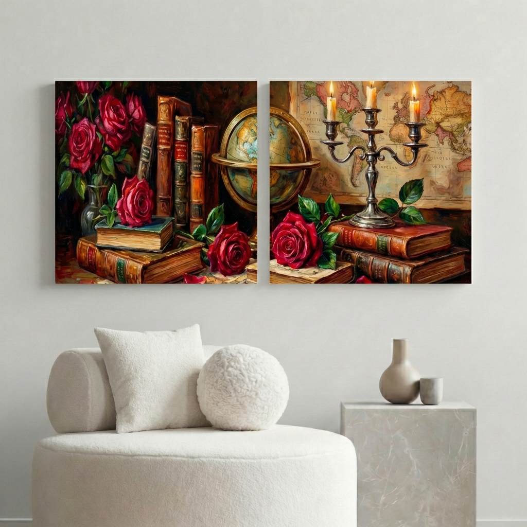 Antique Style Wall Art Canvas – Vintage Books & Roses Still Life Set of 2, Classic Study Decor