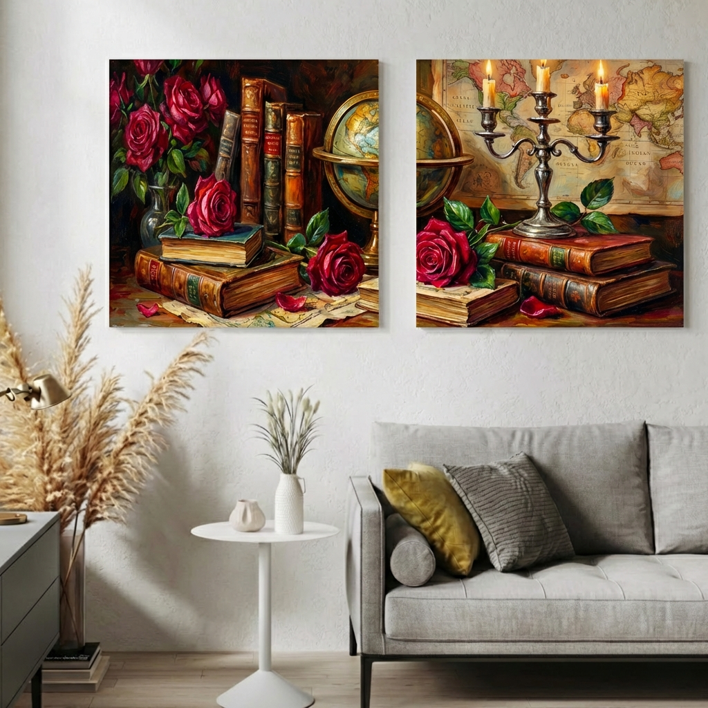 Antique Style Wall Art Canvas – Vintage Books & Roses Still Life Set of 2, Classic Study Decor