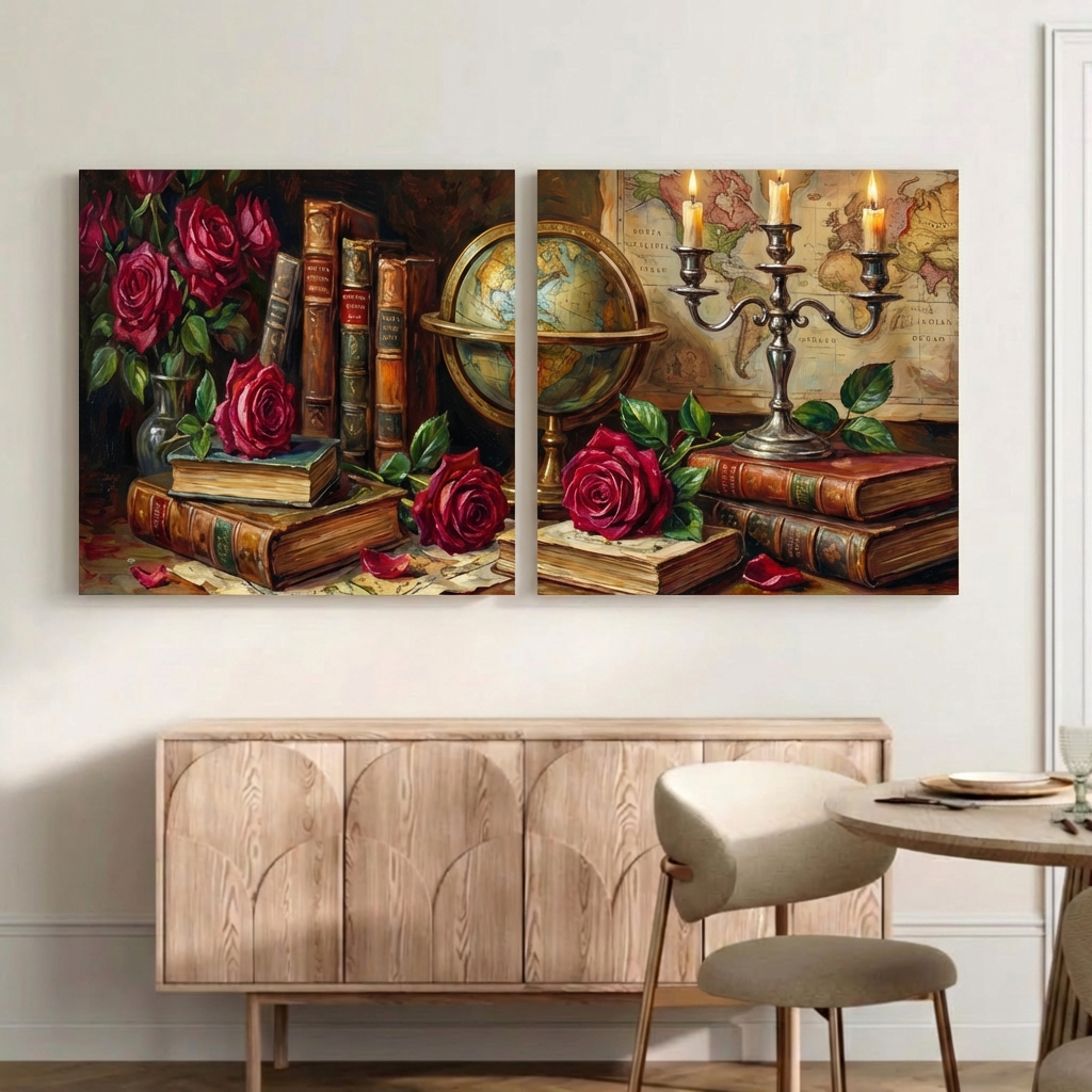 Antique Style Wall Art Canvas – Vintage Books & Roses Still Life Set of 2, Classic Study Decor