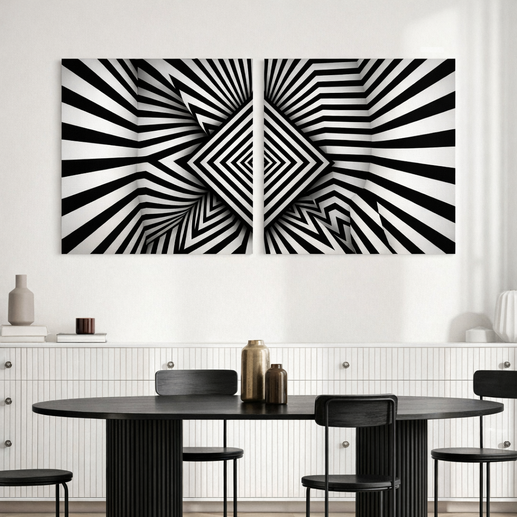 Black and White Geometric Wall Art – Modern Optical Illusion Canvas Set of 2, Abstract Monochrome Decor
