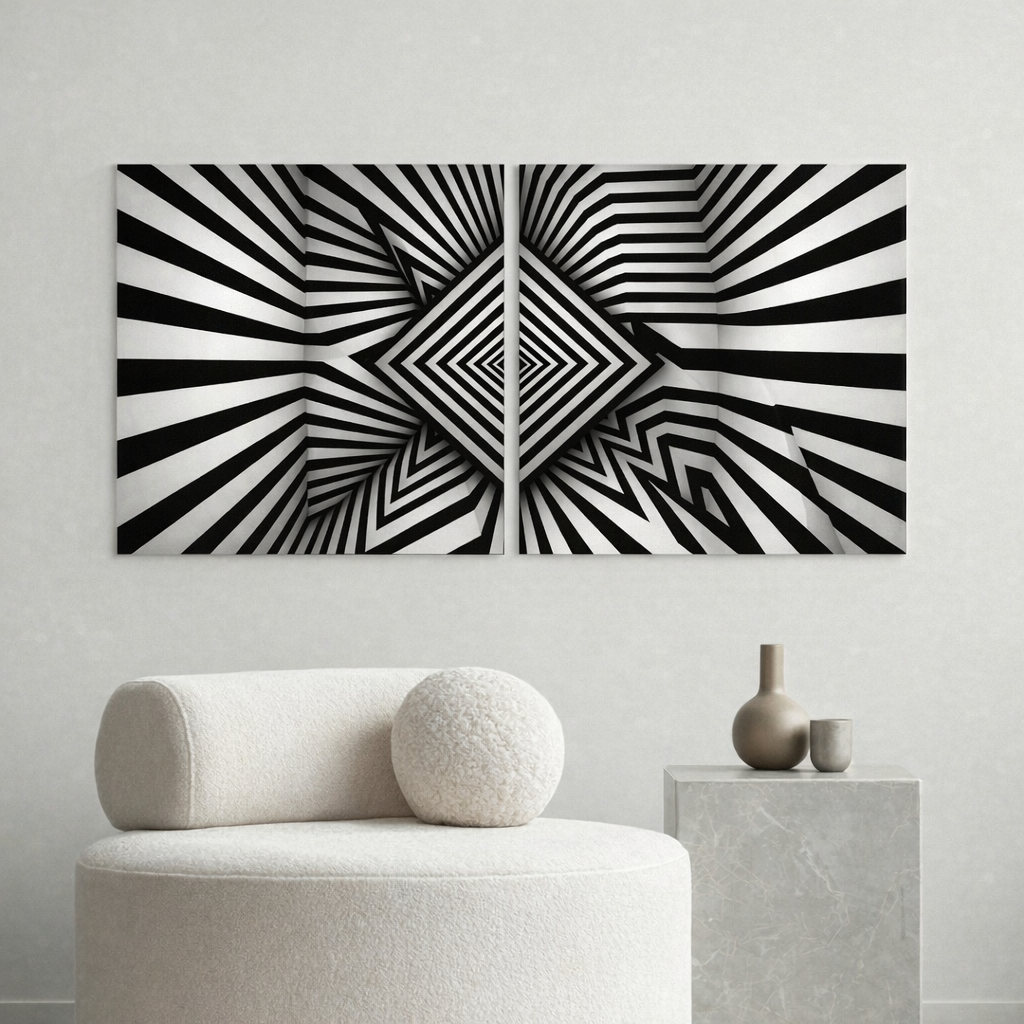 Black and White Geometric Wall Art – Modern Optical Illusion Canvas Set of 2, Abstract Monochrome Decor