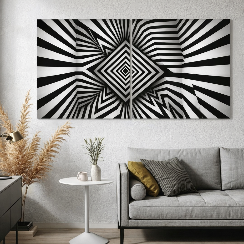 Black and White Geometric Wall Art – Modern Optical Illusion Canvas Set of 2, Abstract Monochrome Decor