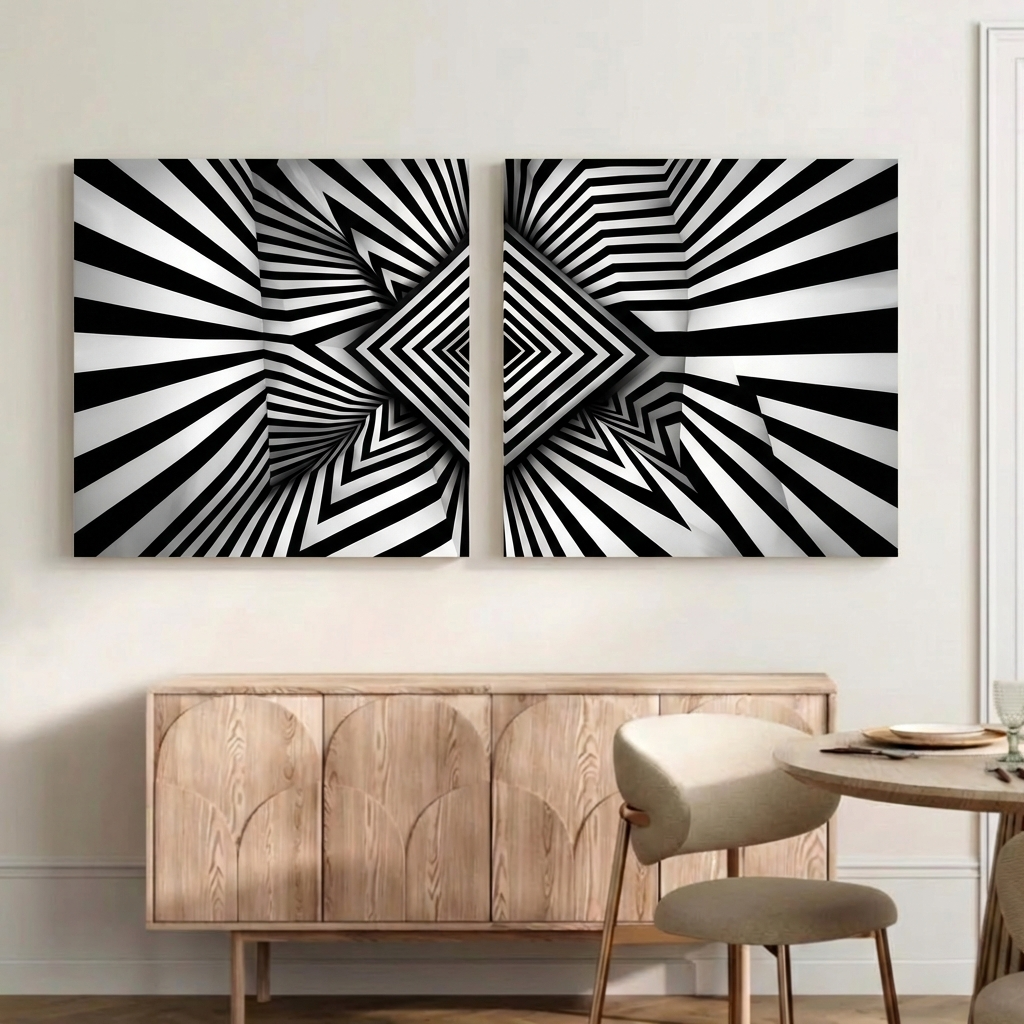Black and White Geometric Wall Art – Modern Optical Illusion Canvas Set of 2, Abstract Monochrome Decor