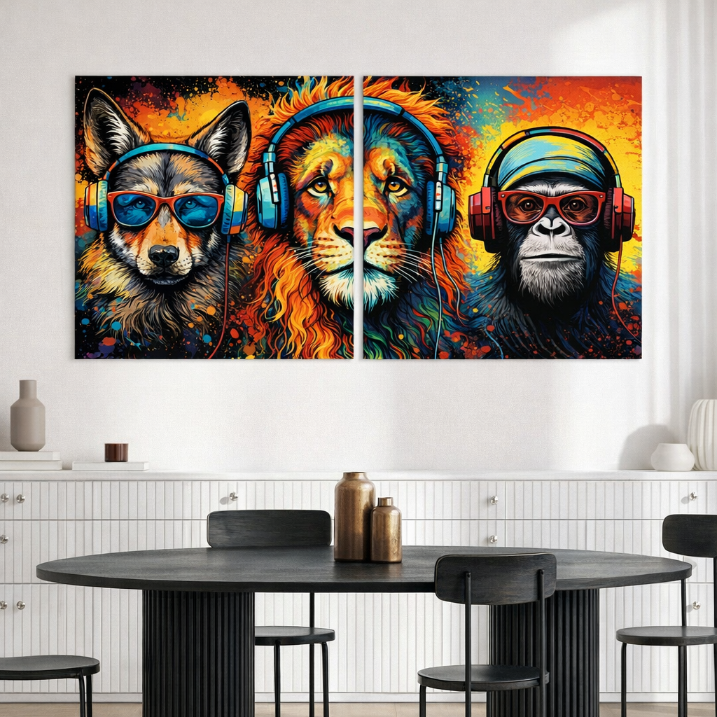 Cool Animal Wall Pop Art Set – Colorful Headphone Art Graffiti Canvas, Modern Music Home Decor (Set of 2)