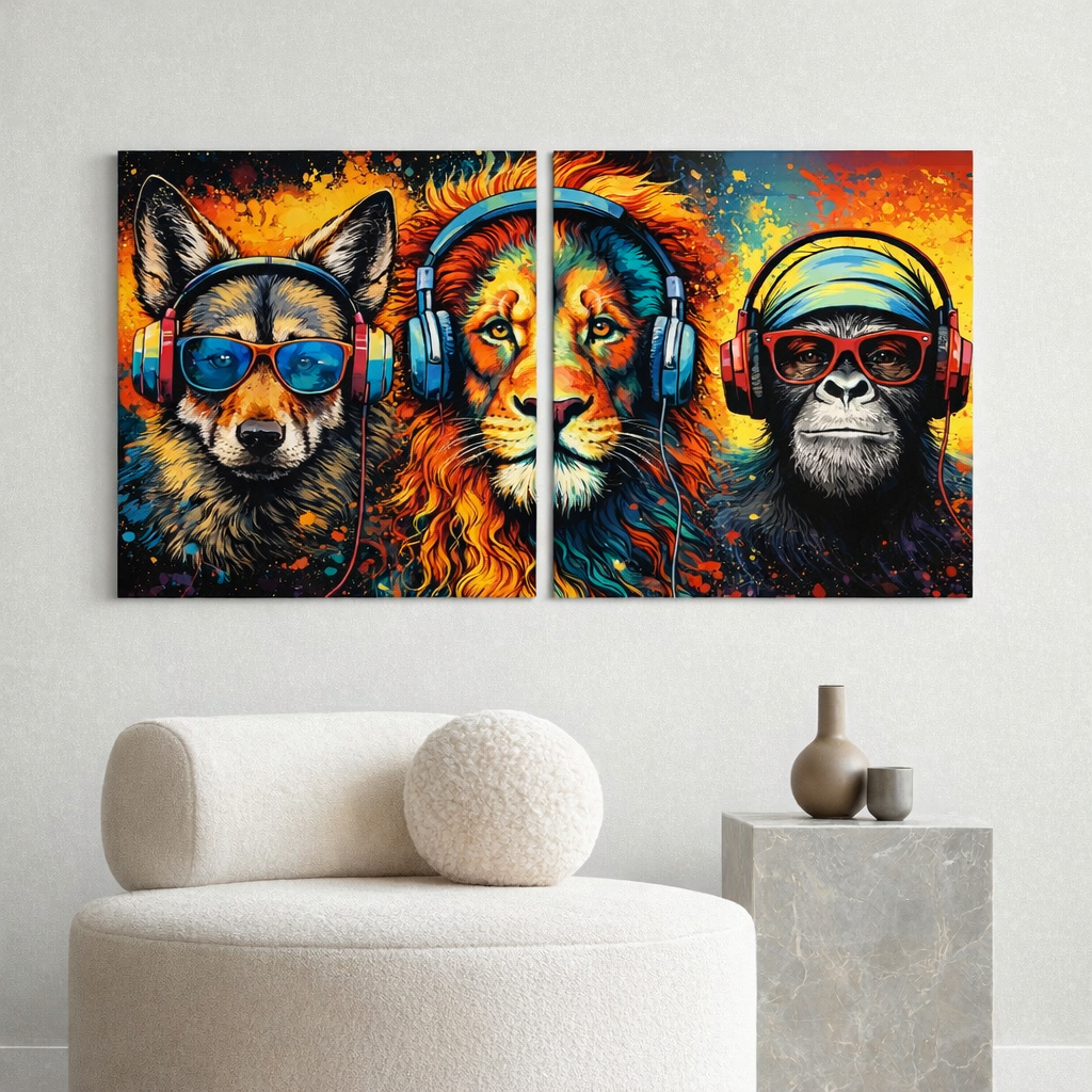 Cool Animal Wall Pop Art Set – Colorful Headphone Art Graffiti Canvas, Modern Music Home Decor (Set of 2)