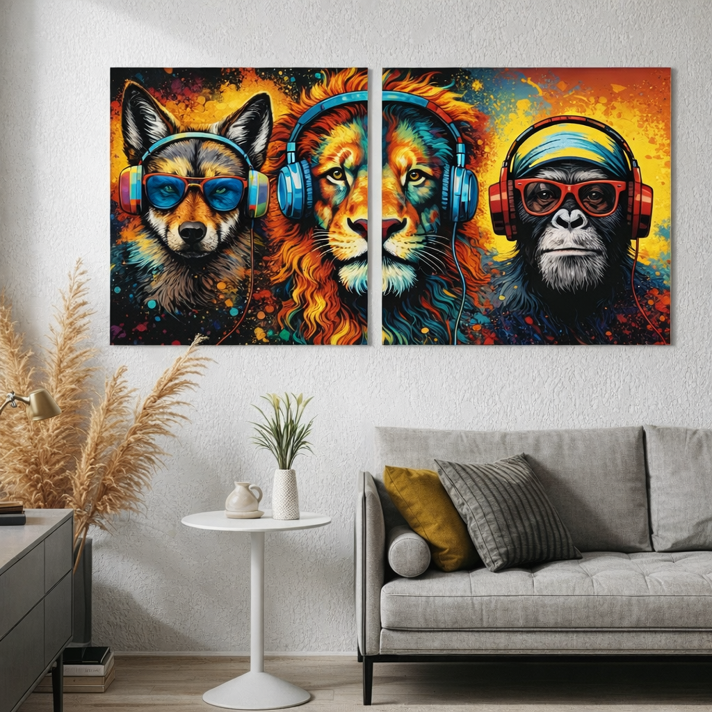 Cool Animal Wall Pop Art Set – Colorful Headphone Art Graffiti Canvas, Modern Music Home Decor (Set of 2)
