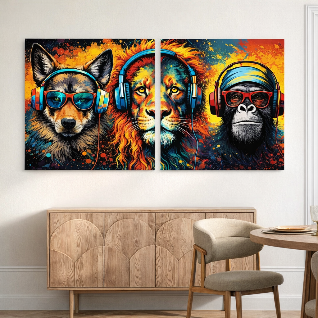 Cool Animal Wall Pop Art Set – Colorful Headphone Art Graffiti Canvas, Modern Music Home Decor (Set of 2)