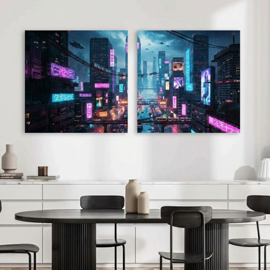 Cyberpunk Neon City Streetscape - Futuristic Sci-Fi Night Scene Canvas Art