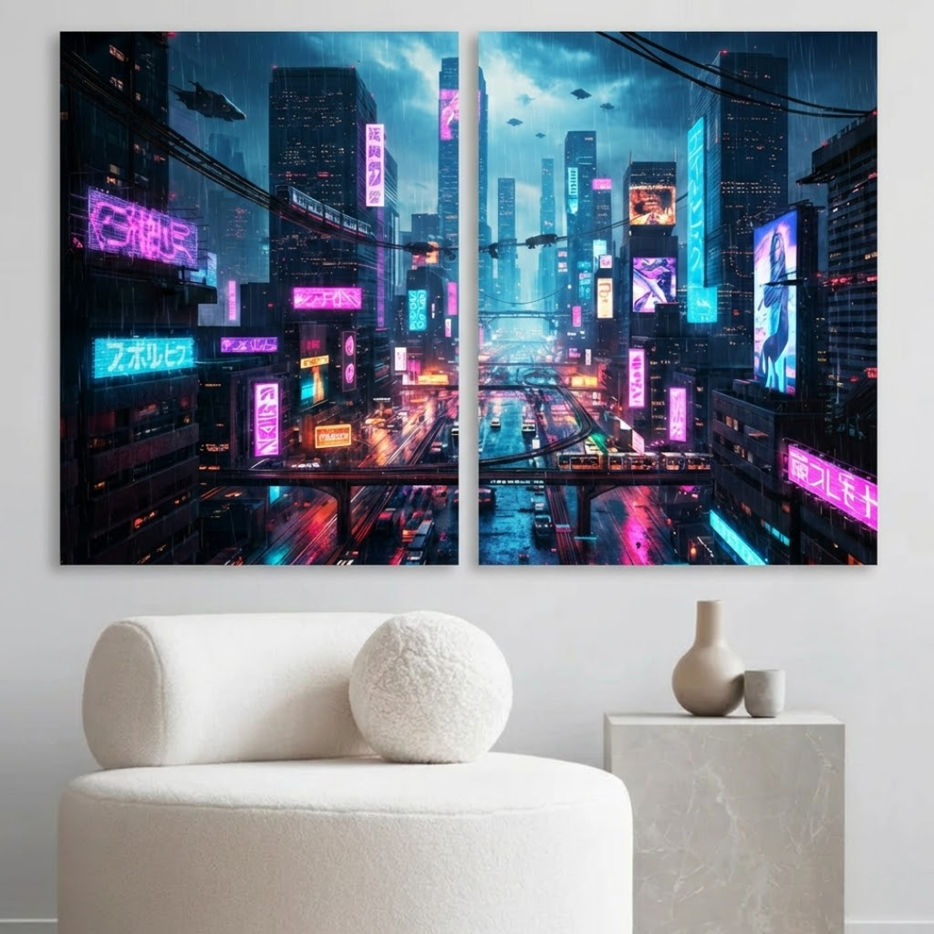 Cyberpunk Neon City Streetscape - Futuristic Sci-Fi Night Scene Canvas Art