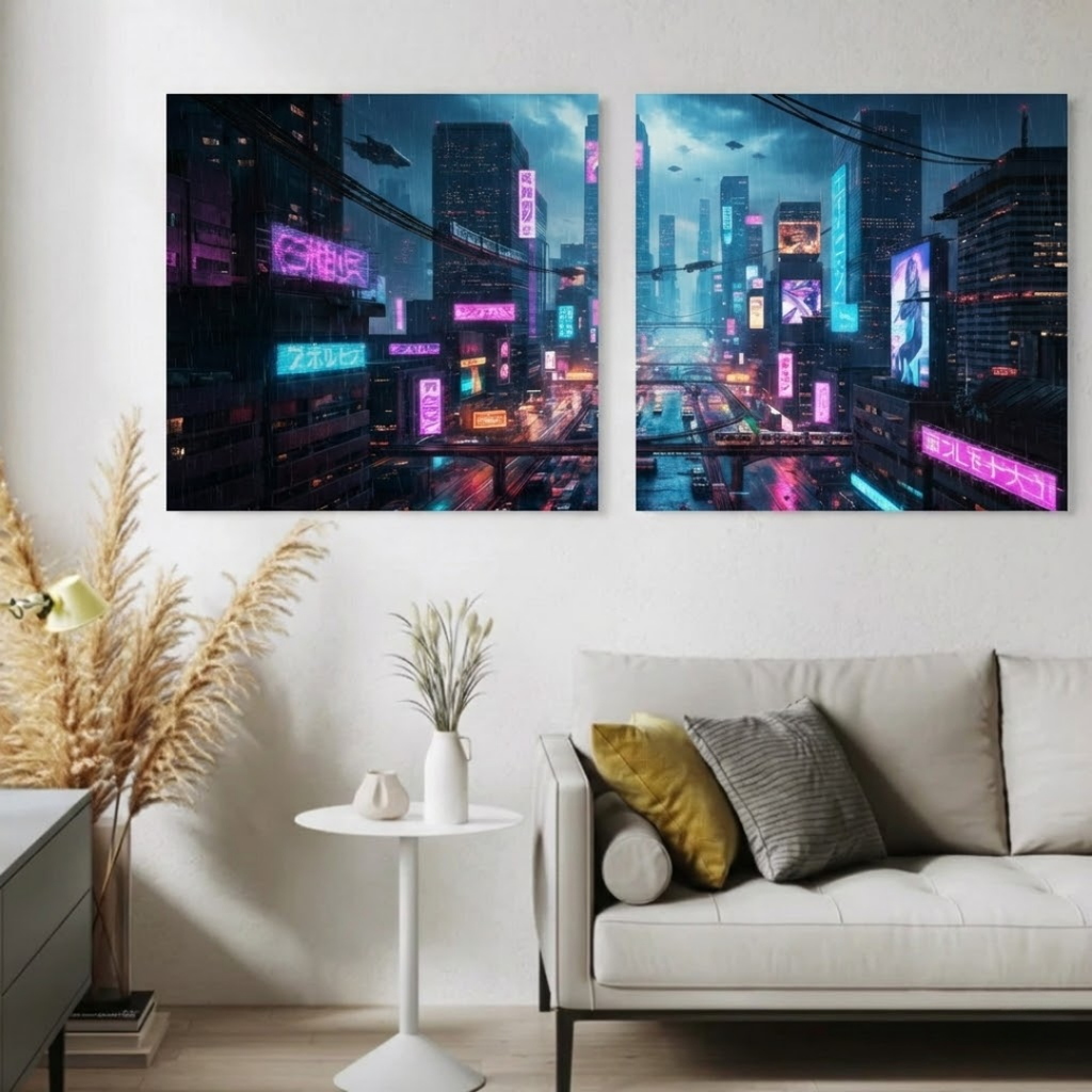 Cyberpunk Neon City Streetscape - Futuristic Sci-Fi Night Scene Canvas Art