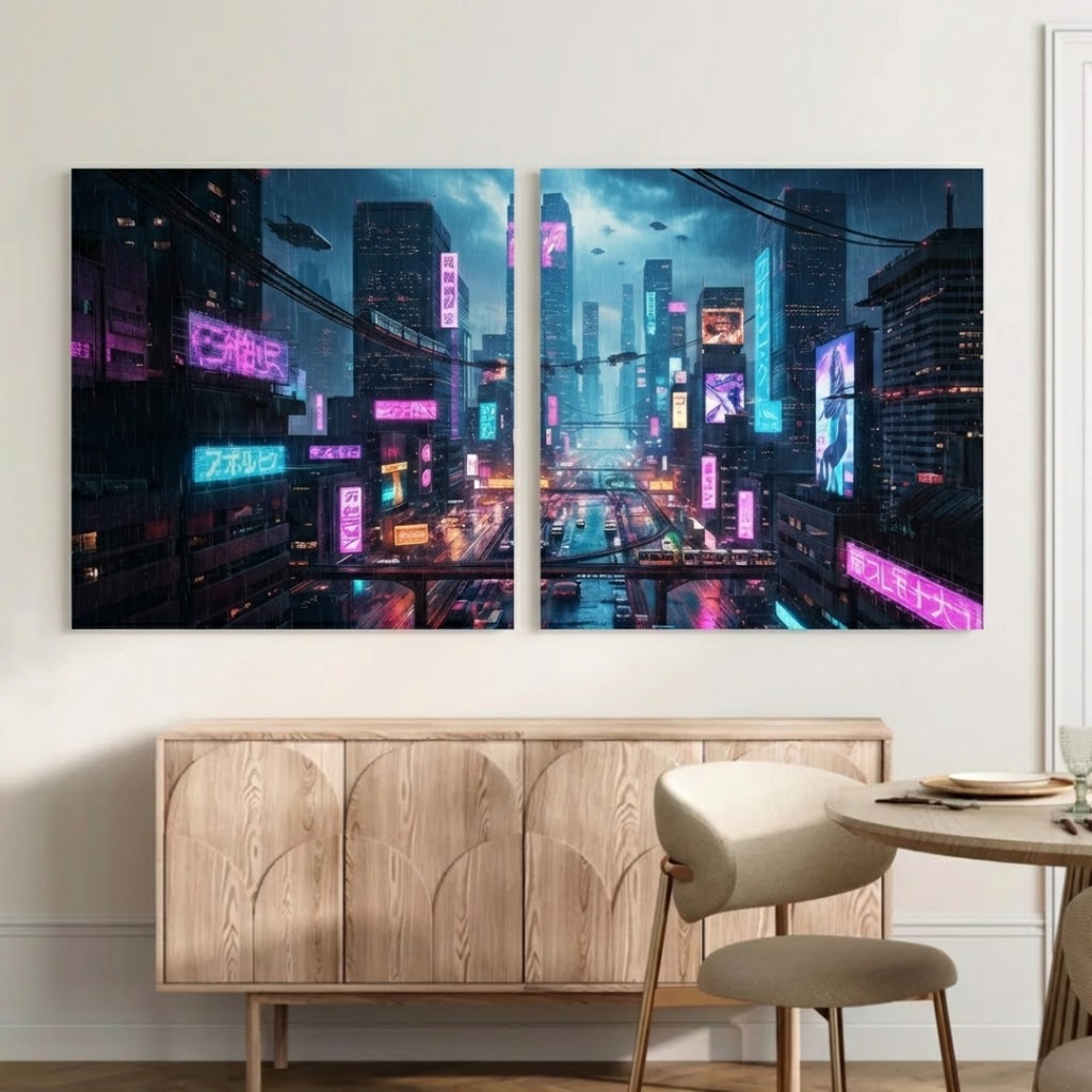 Cyberpunk Neon City Streetscape - Futuristic Sci-Fi Night Scene Canvas Art