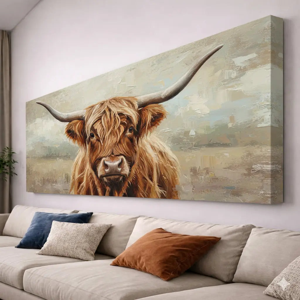 Highland Cow Canvas – Neutral Rustic Wall Art Hero Printz